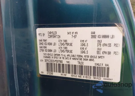 1997 Dodge Ram 2500 St from USA, damaged, VIN 3B7KC23D3VM597966